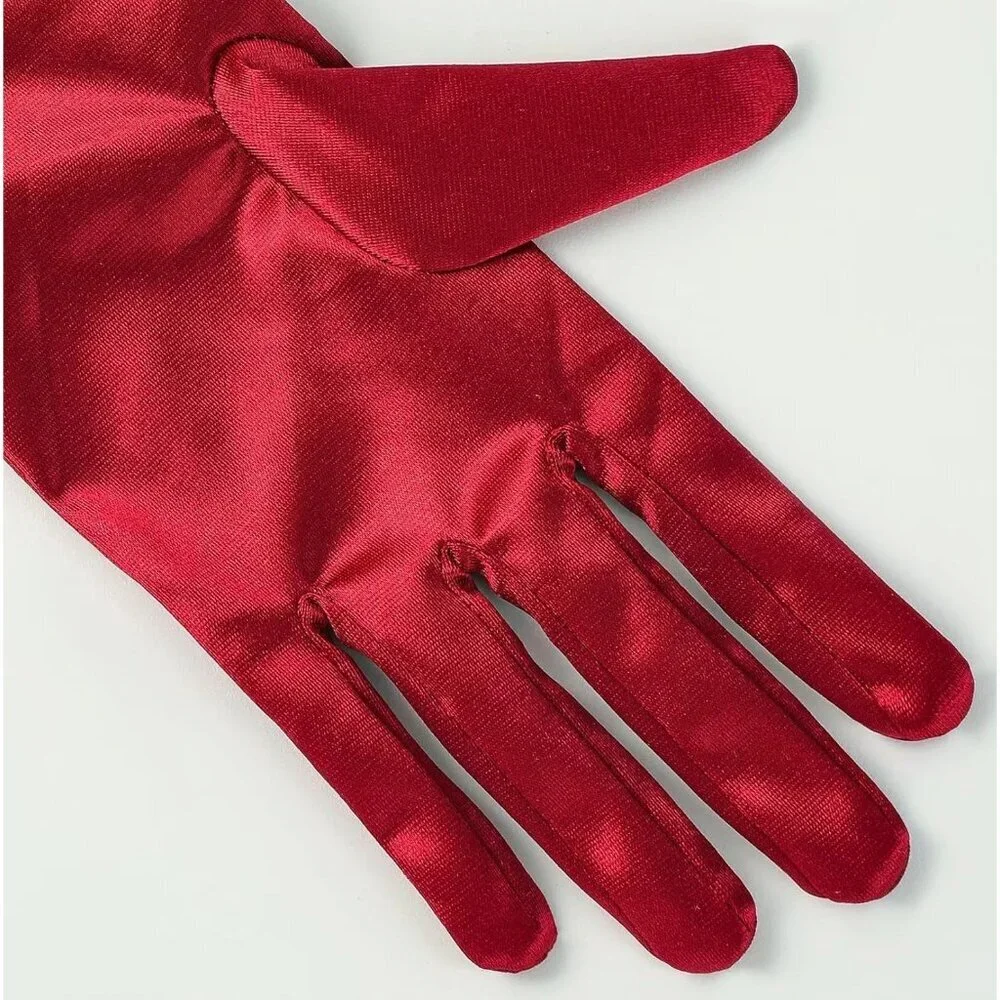 Women's Burgundy Satin Pearl Short Length Gloves Wedding Banquet Party Prom